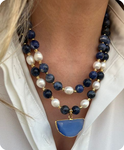 Mavi Boncuklu İnci Kolye